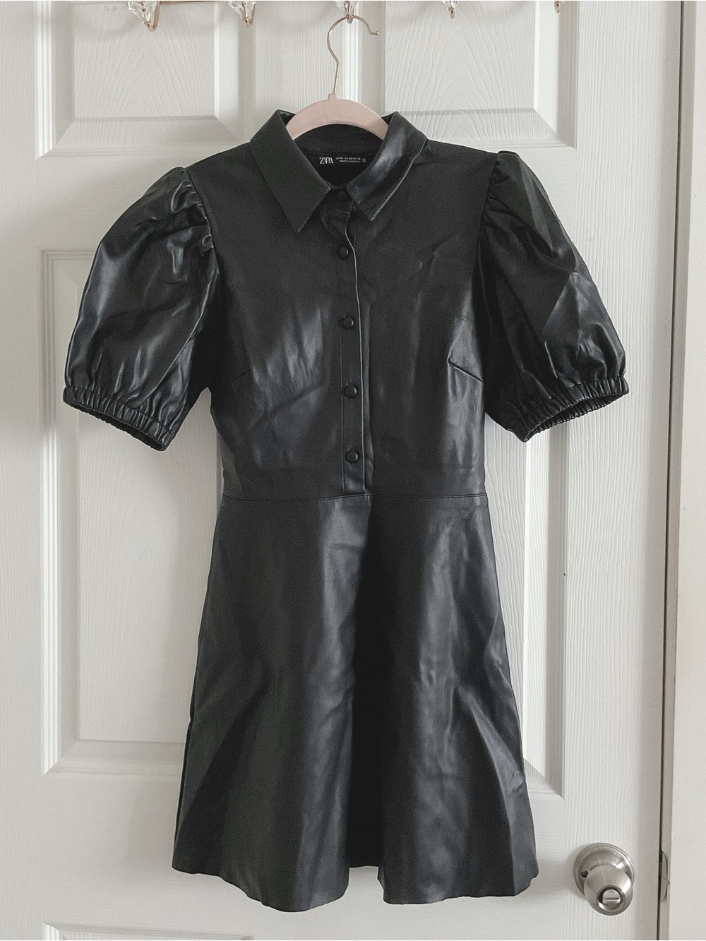 ZARA Black Faux Leather Puff-Sleeve Mini Dress